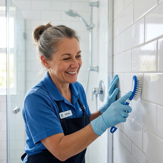 Admiral Professional clean housemaid detailing tiles in an upscale bathroom
