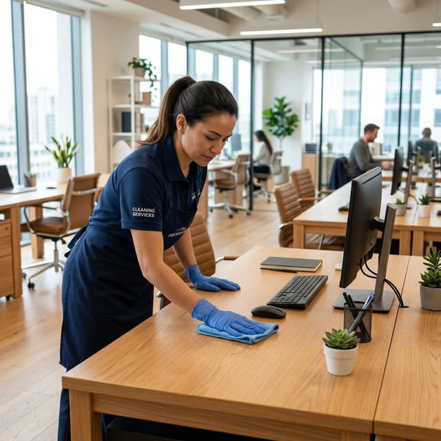 Professional office cleaner vacuuming office floor and wiping desks